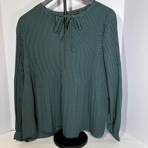 Adrianna Papell Green Polka Dot Tie Neck Long Sleeve Blouse‎